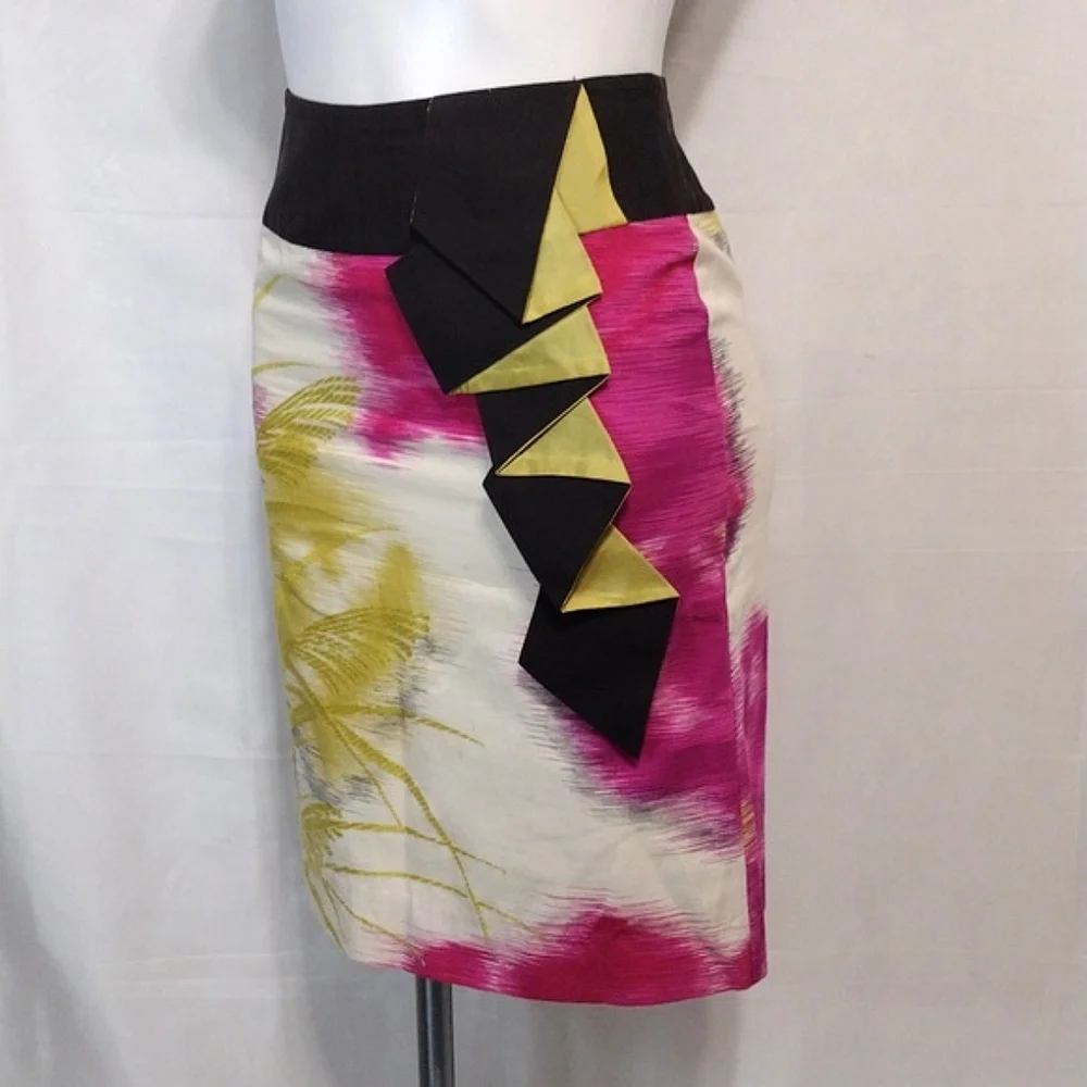 Anthropologie Floreat Abstract Print Ruffled Pencil Skirt Workwear Office Chic 0
